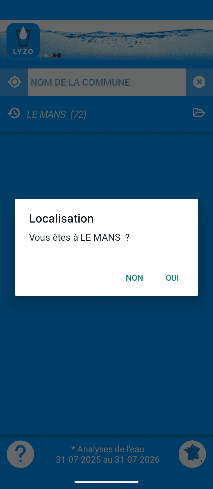 Écran LYZO : Trouvez votre commune automatiquement grâce à la géolocalisation
