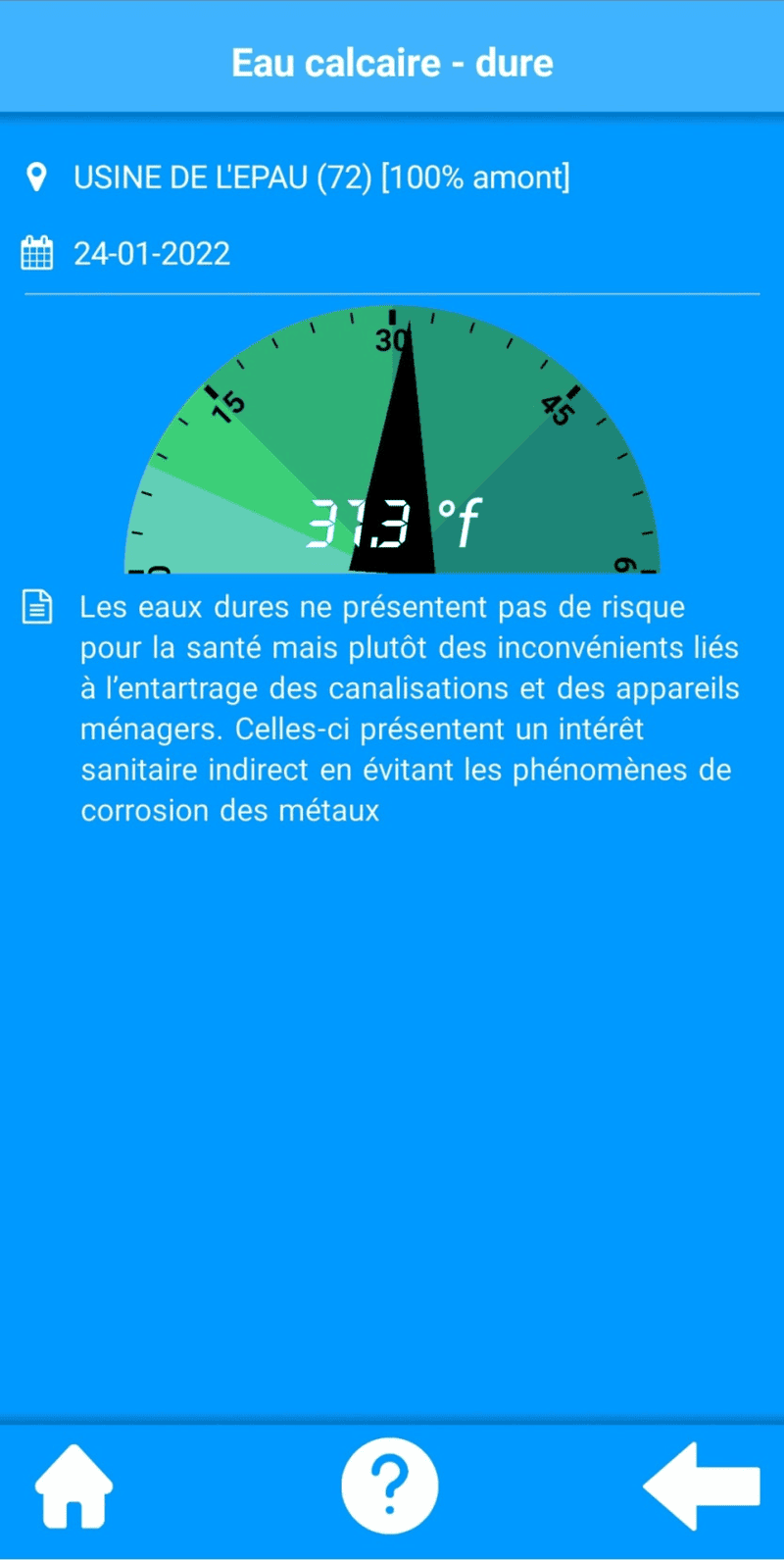 Écran LYZO : dureté de l'eau (TH) de la commune