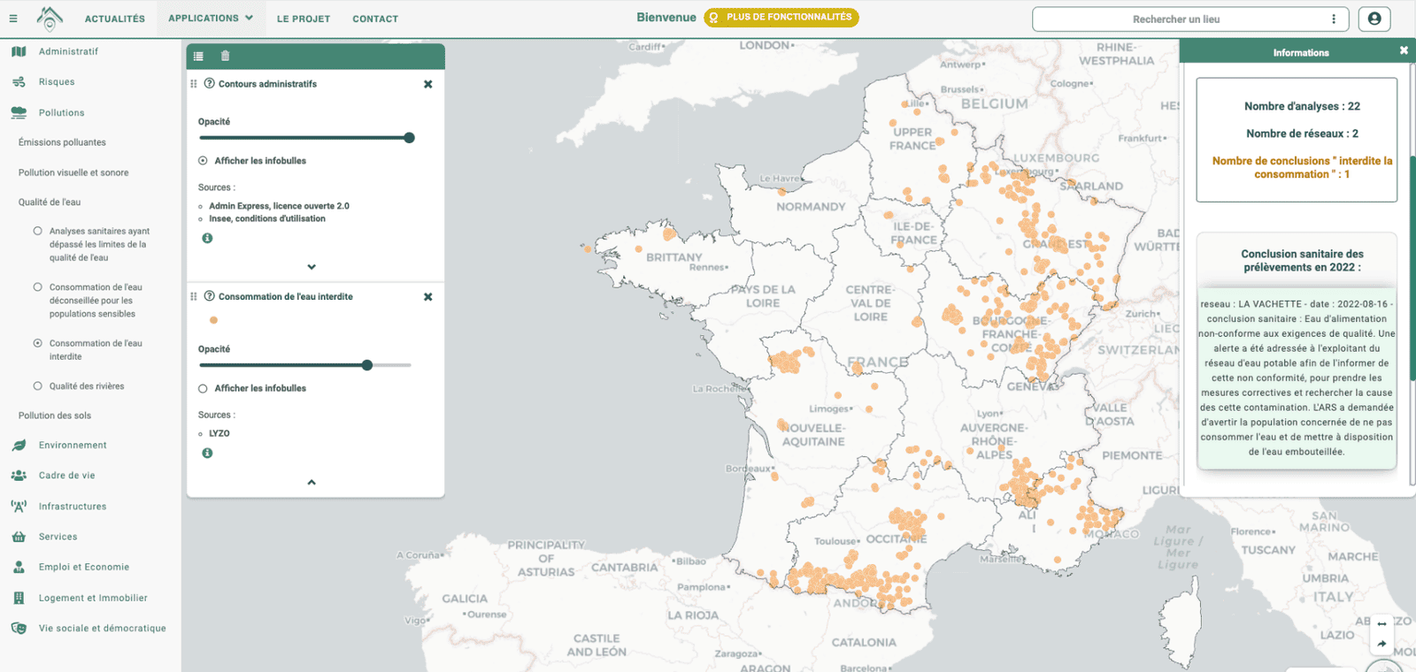 Carte de France : consommation de l'eau interdite (nouvelle fenêtre)