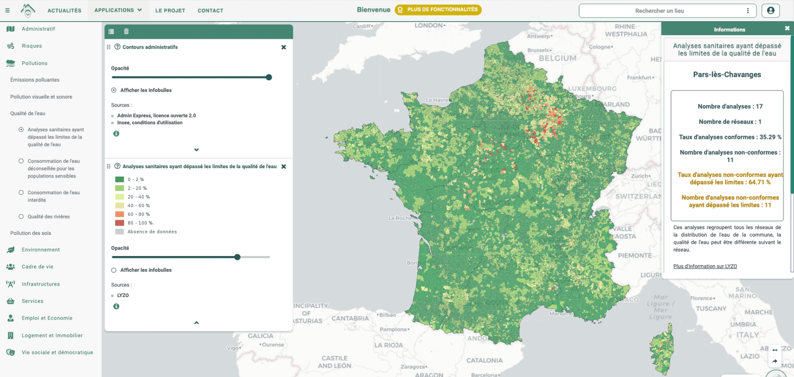 Carte de France : analyses sanitaires ayant dépassé les limites de qualité (nouvelle fenêtre)