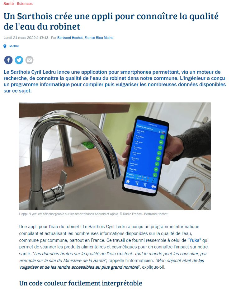 Article France Bleu Maine : un Sarthois crée une appli pour connaître la qualité de l'eau du robinet