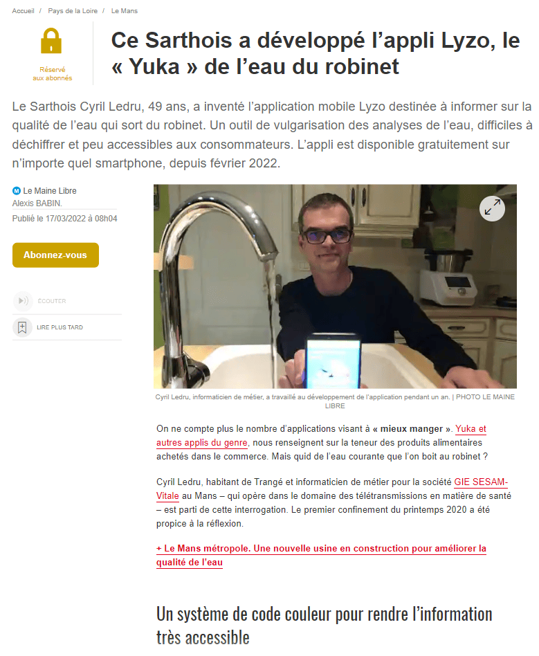 Article Ouest-France : ce Sarthois a développé l'appli LYZO, le « Yuka » de l'eau du robinet