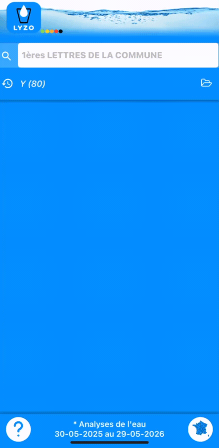 Animation de l'application LYZO : sélection d'une commune en France