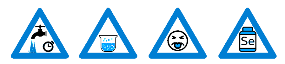 Pictogrammes des recommandations sanitaires : laisser couler l'eau, faire bouillir l'eau, odeur ou goût gênant, compléments alimentaires à base de sélénium